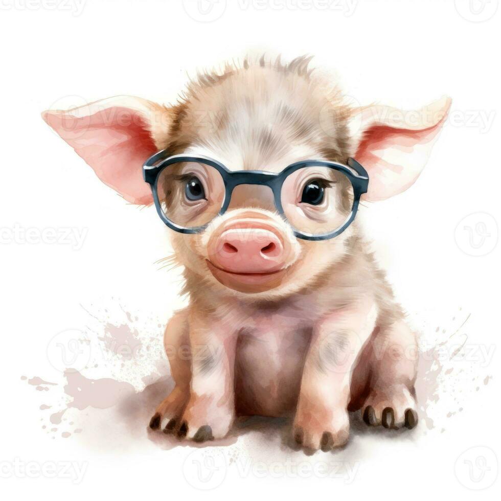 Adorable Baby Pig Watercolor Clipart with Curly Tail and Glasses on White Background AI Generated photo