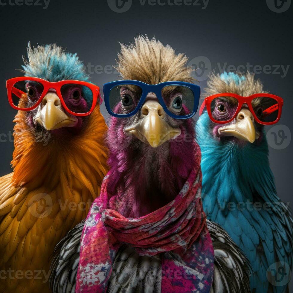 Funny Looking Chickens with Sunglasses on Wall Art AI Generated photo