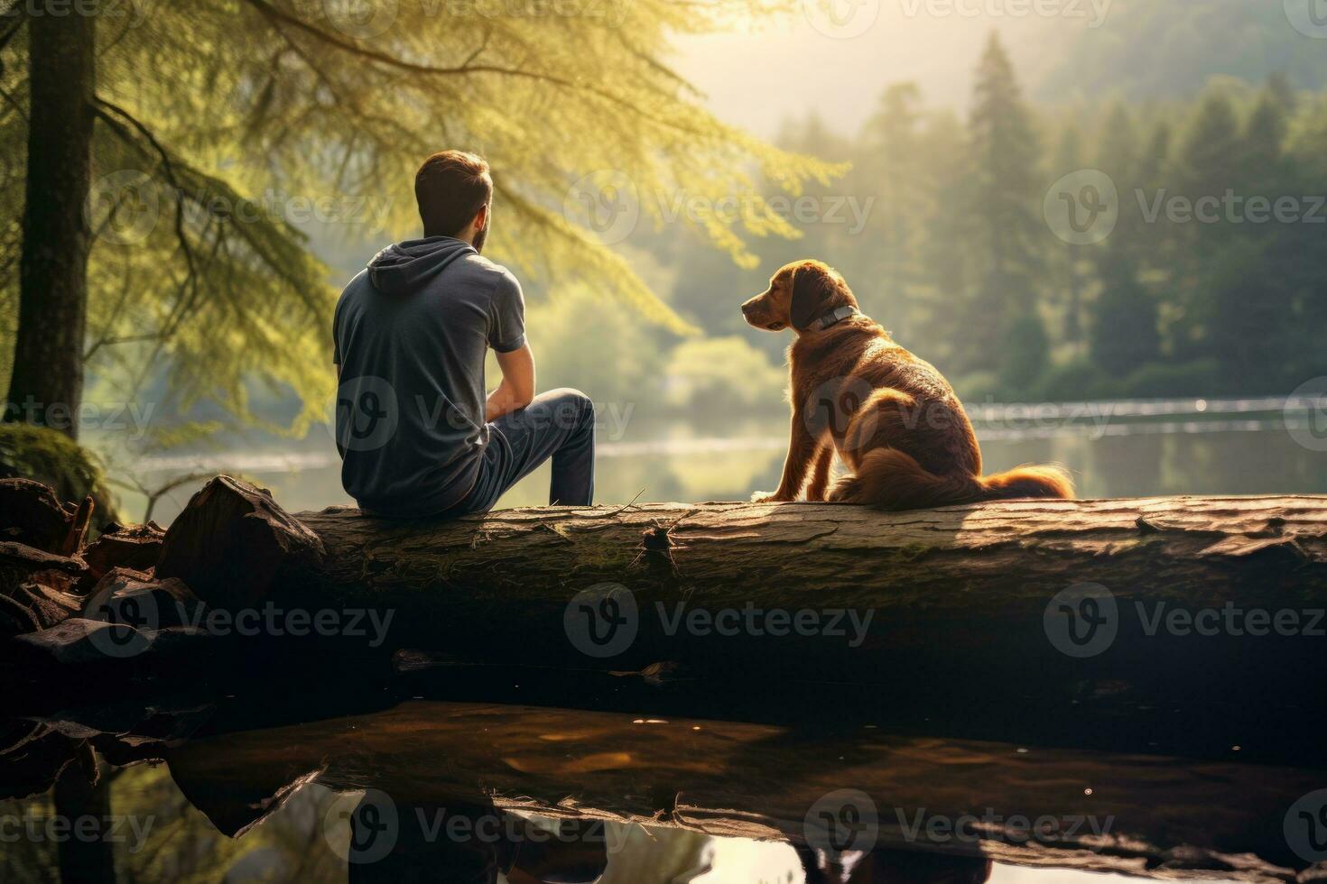 Man Sitting on Log with Dog in Bokeh Panorama AI Generated photo
