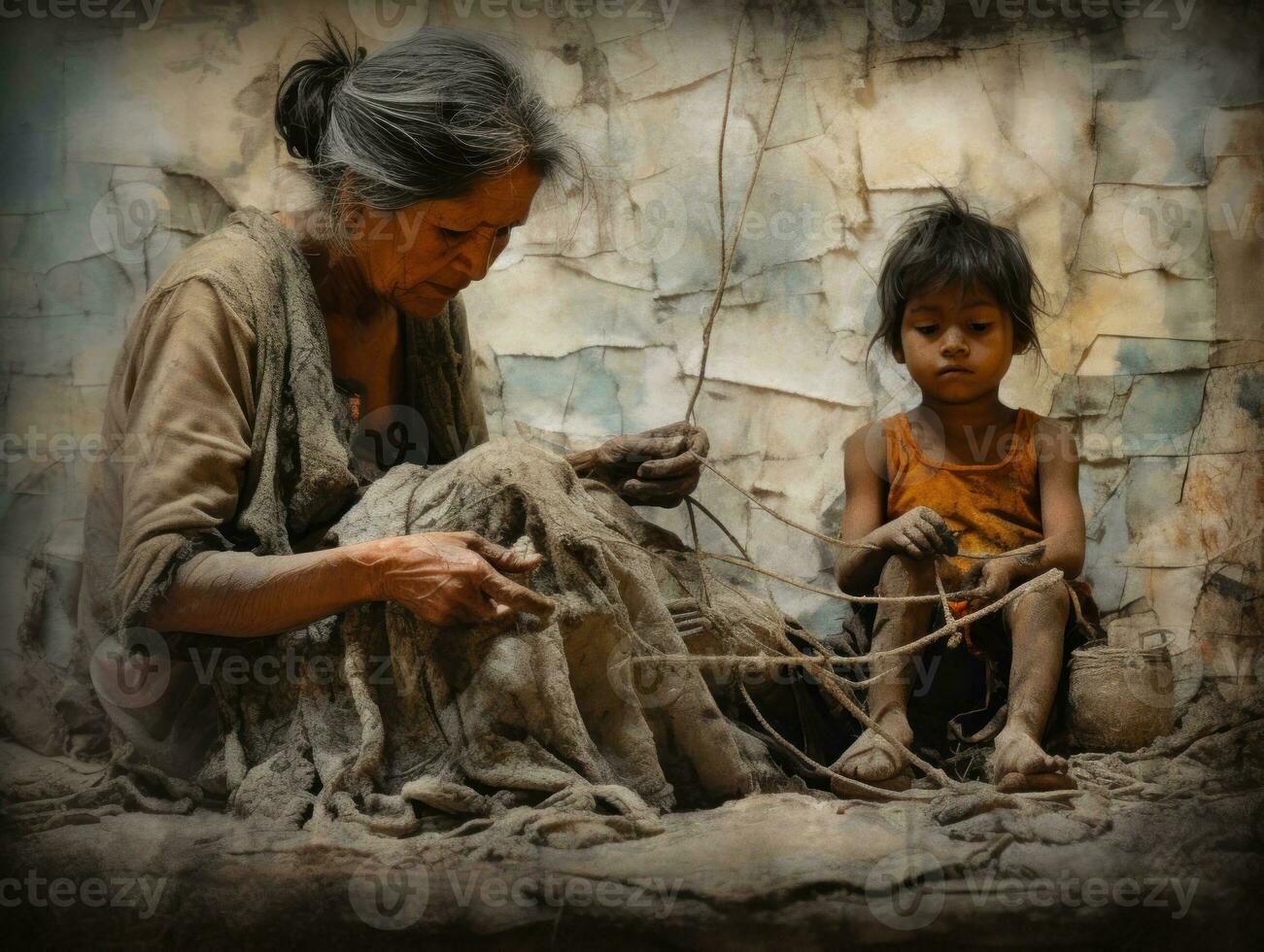 A Charming Wire Sculpture of an Elderly Woman and a Child in the Style of Steve AI Generated photo