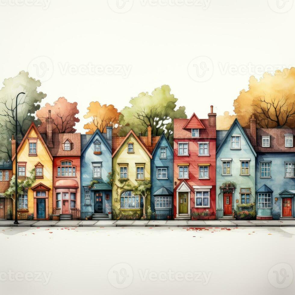 Colorful Clipart of Quirky English Countryside Houses on White Background AI Generated photo