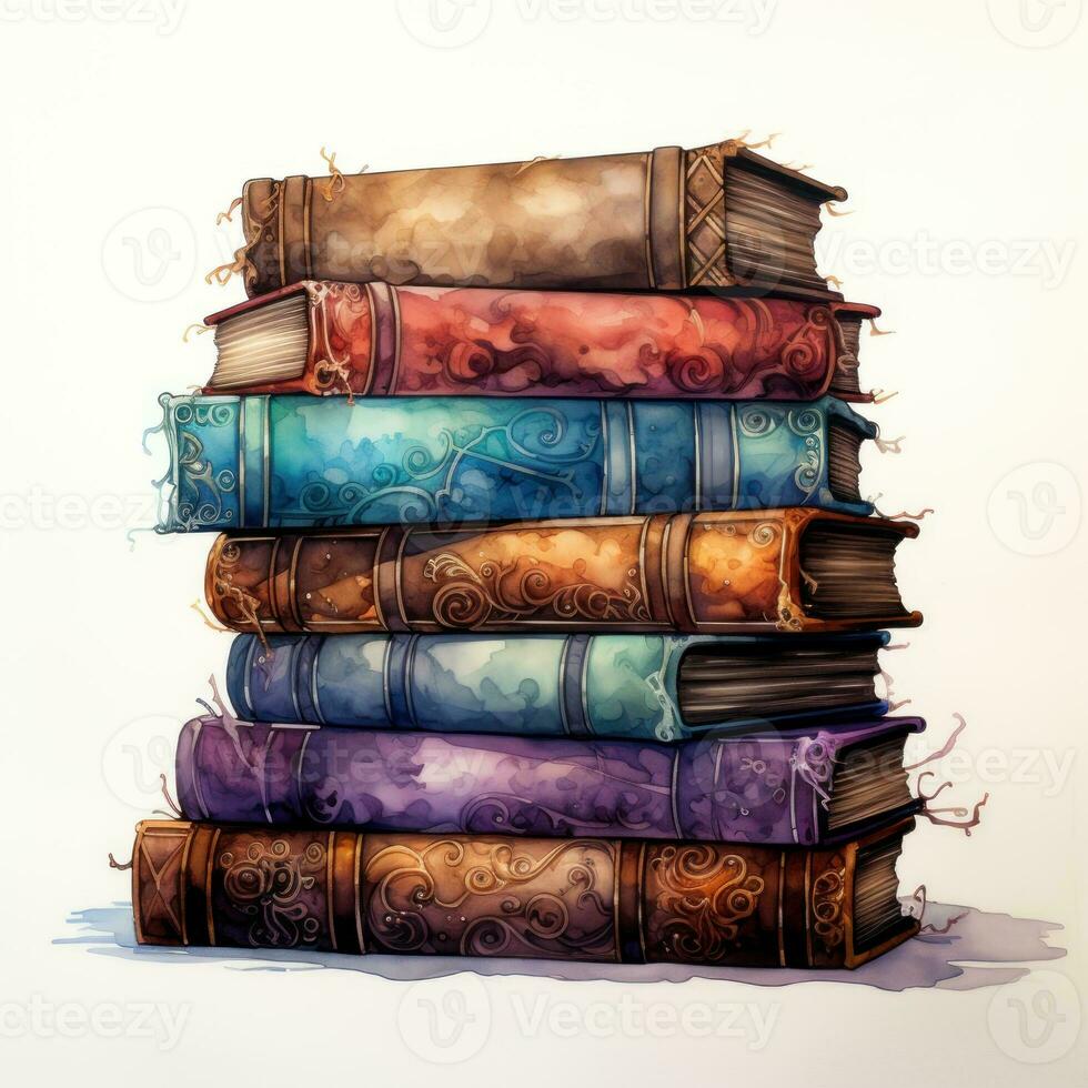 Stack of Magical Looking Books on White Background AI Generated photo