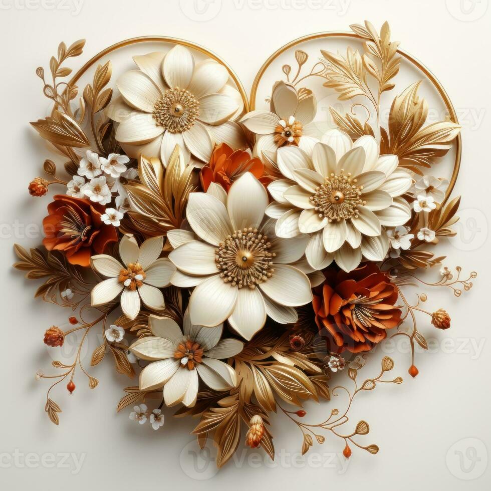 Minimalist Flower Decorated Gold Heart Shape  Boho Style Clipart AI Generated photo