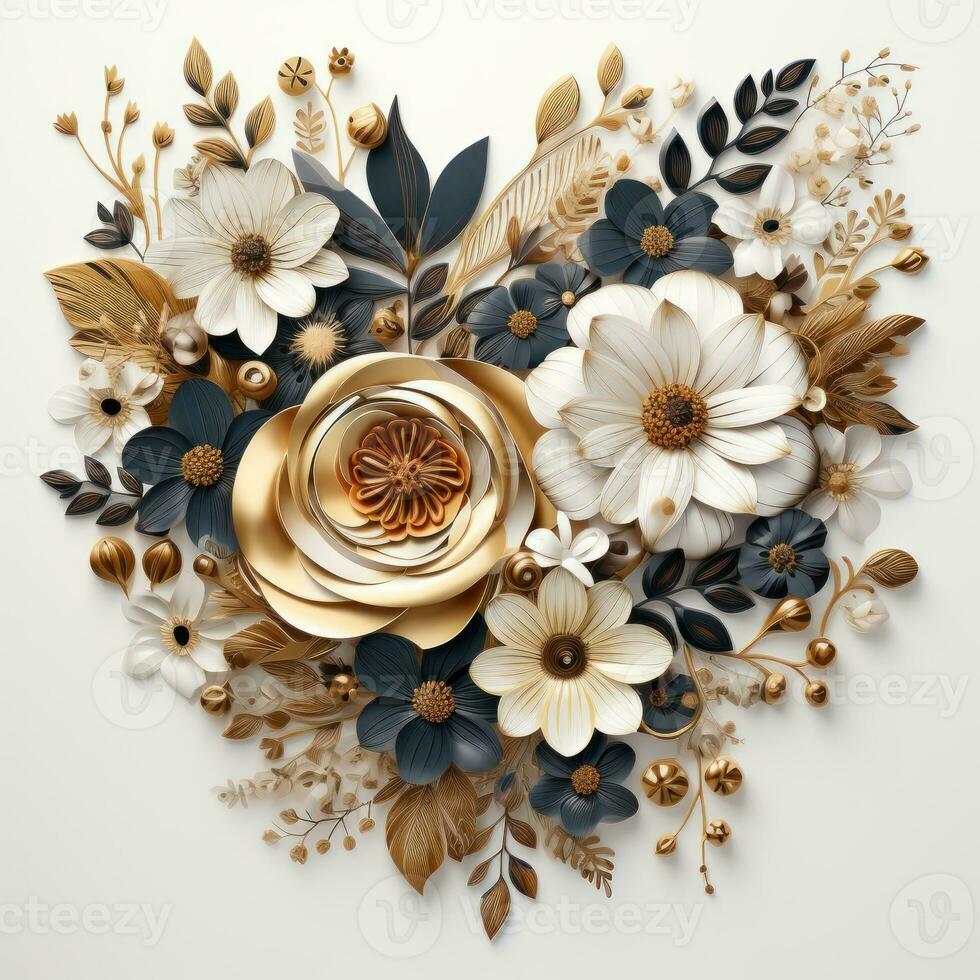 Minimalist Flower Decorated Gold Heart Shape  Boho Style Clipart AI Generated photo