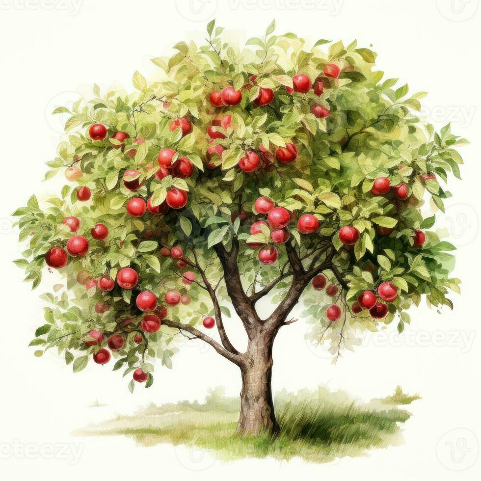 Watercolor Apple Tree Clipart on White Background AI Generated photo