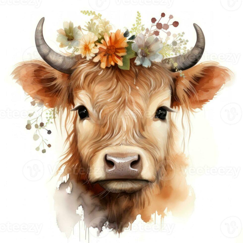 adorable bebé vaca con flor corona clipart en blanco antecedentes ai generado foto