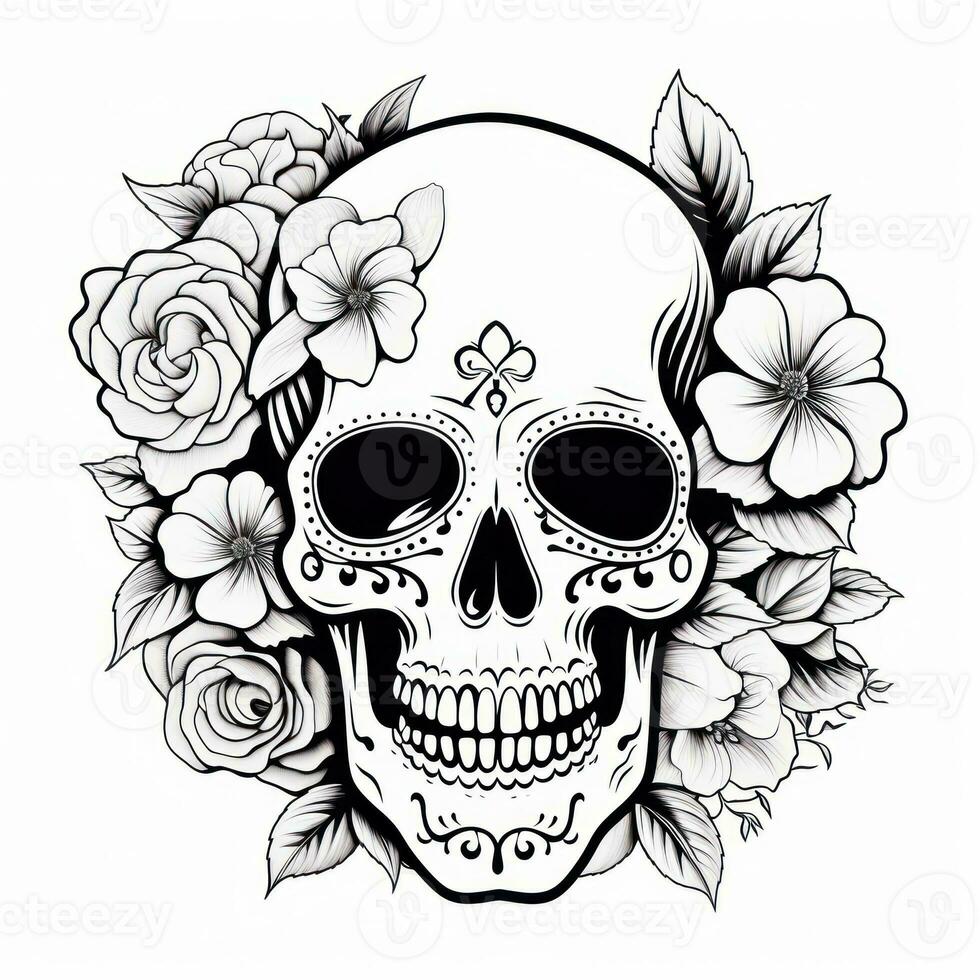 Black and White Skull with Flowers Coloring Page AI Generated photo