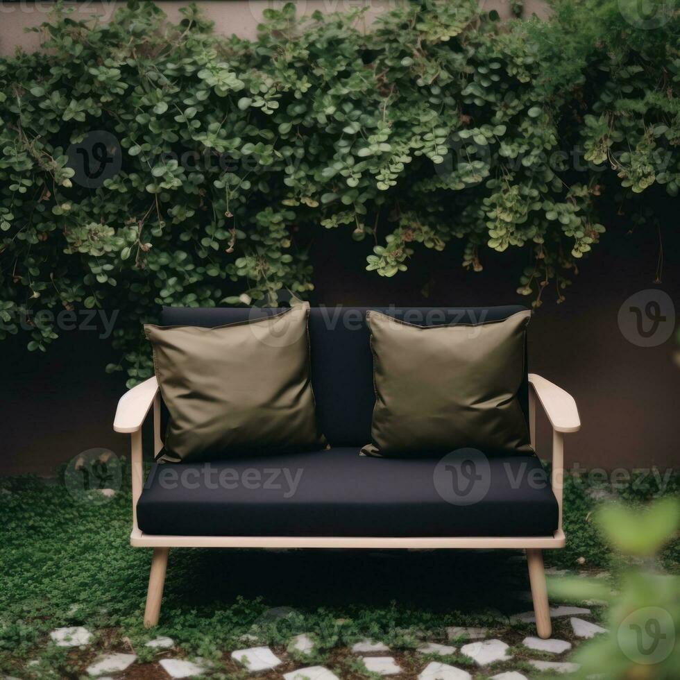 Sofa in Lush Green Garden Japanese and Scandinavian Minimalist Style Interior Design AI Generated photo