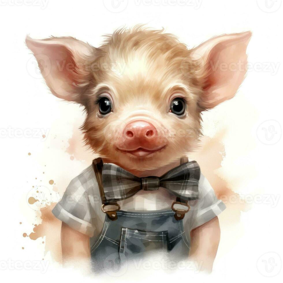 Adorable Baby Pig Wearing a Vest  Watercolor Clipart on White Background AI Generated photo