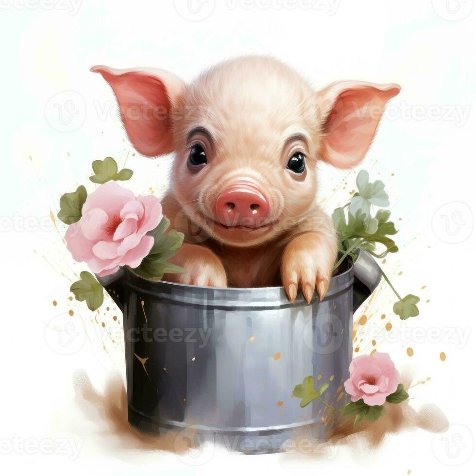 Cute Baby Pig Sitting in a Bucket with Minimalist Flowers AI