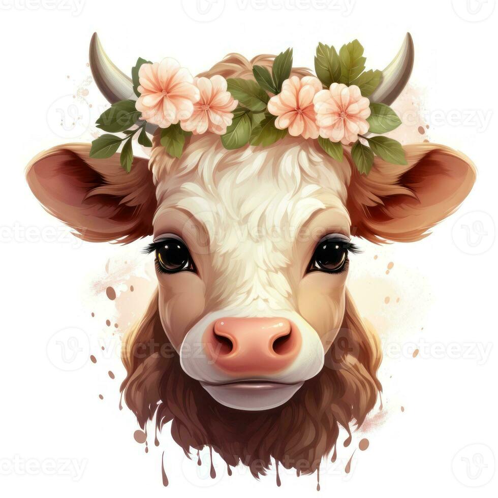 linda dibujos animados vaca con flor corona clipart en blanco antecedentes ai generado foto