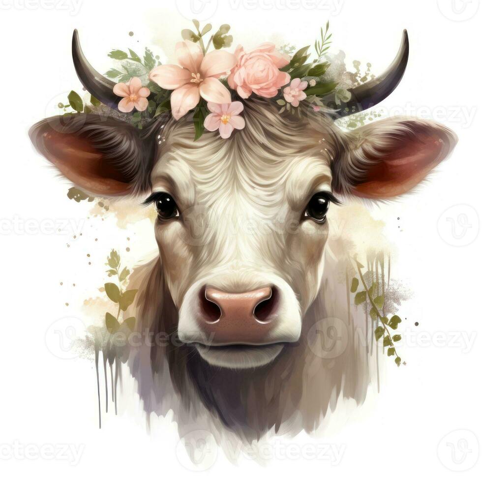 Cute Cartoon Cow with Flower Crown Clipart on White Background AI