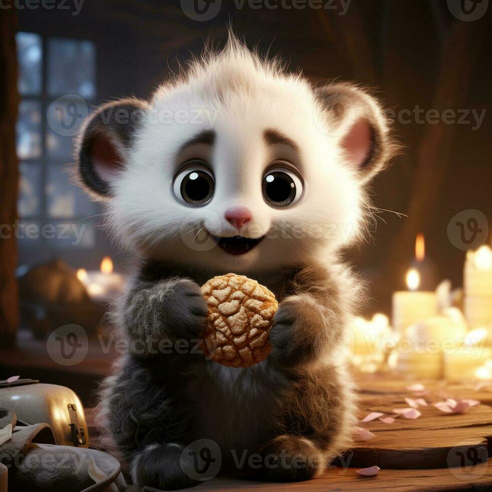 Cute Fluffy Baby Panda Holding a HeartShaped Cookie in Disney Style AI Generated photo