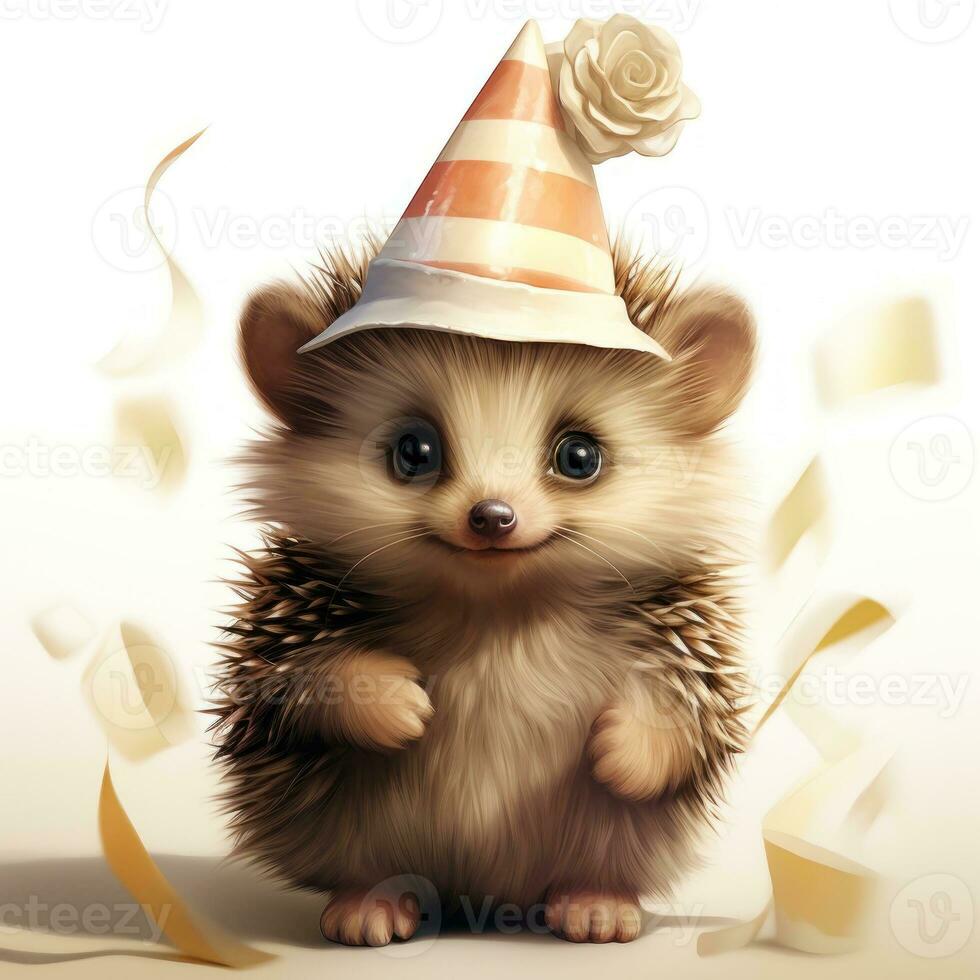 Adorable Hedgehog Wearing Birthday Hat Clipart on White Background AI Generated photo