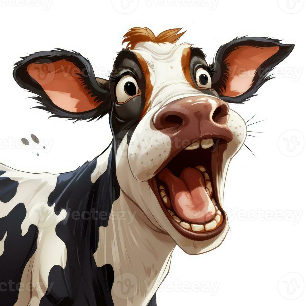 Playful Cartoon Cow Sticking Its Tongue Out on White Background AI Generated photo