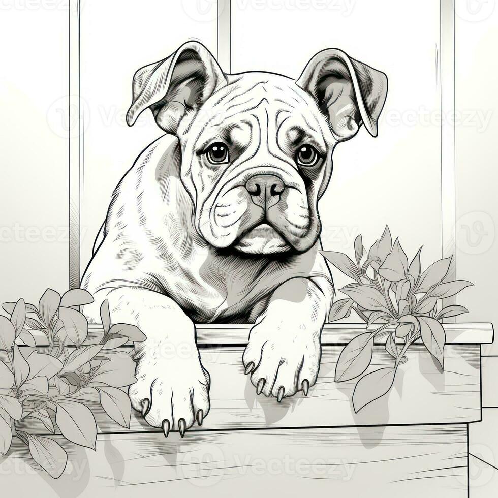 Curious Bulldog Peeking Coloring Page AI Generated photo