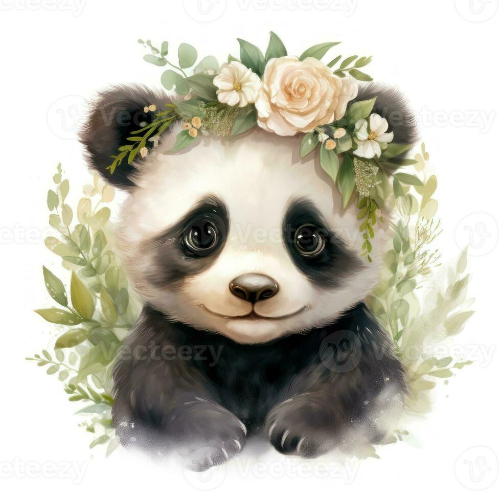 adorable acuarela bebé panda con un flor corona clipart en blanco antecedentes ai generado foto