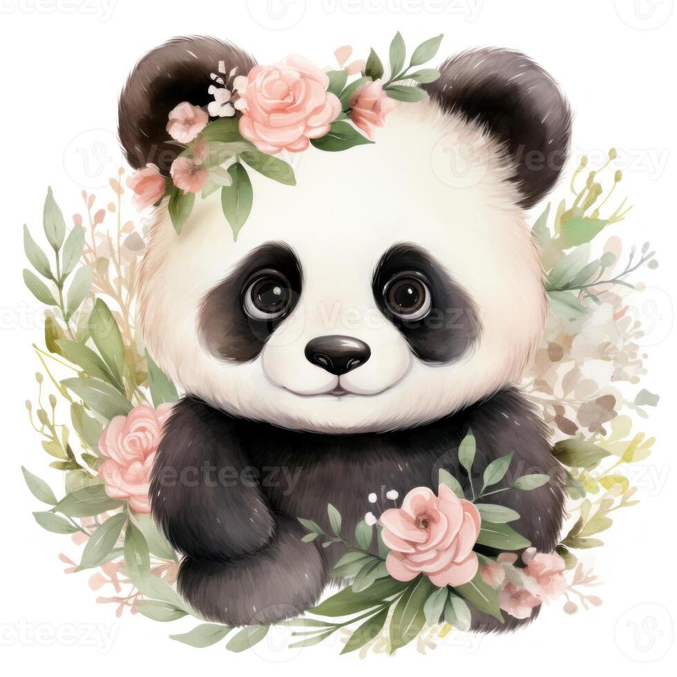 adorable acuarela bebé panda con un flor corona clipart en blanco antecedentes ai generado foto