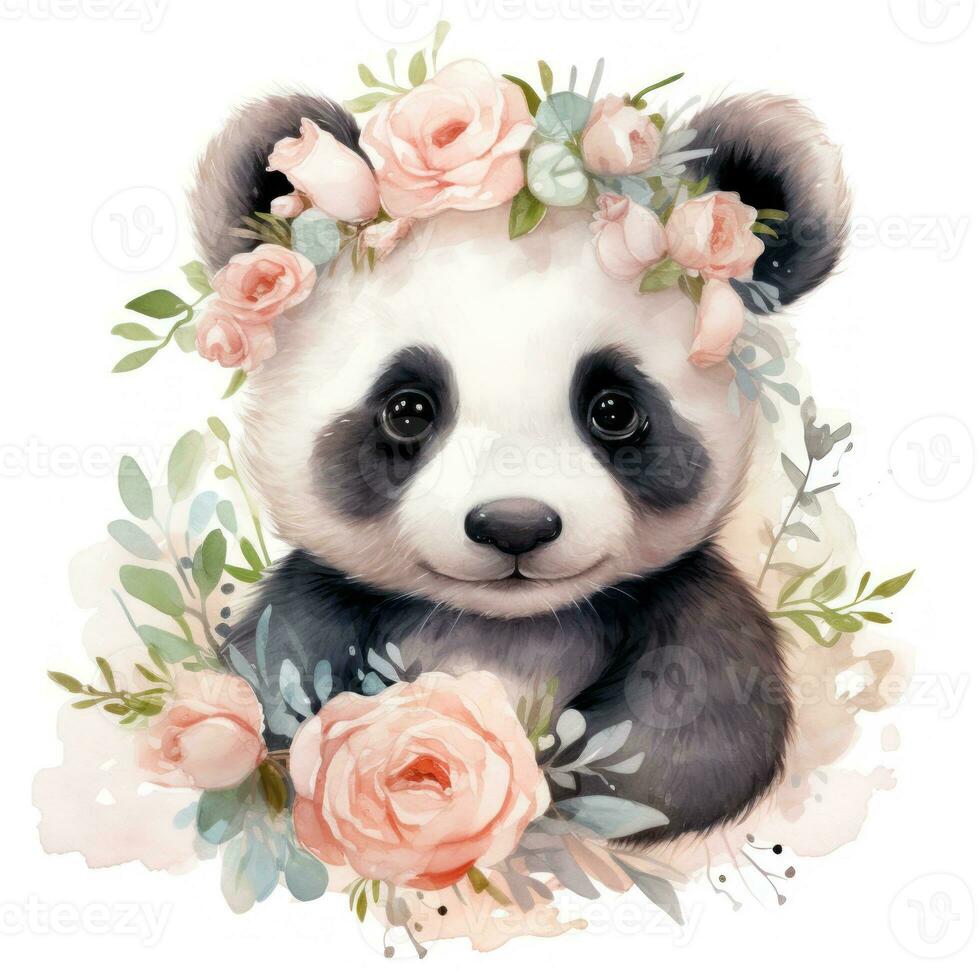 adorable acuarela bebé panda con un flor corona clipart en blanco antecedentes ai generado foto