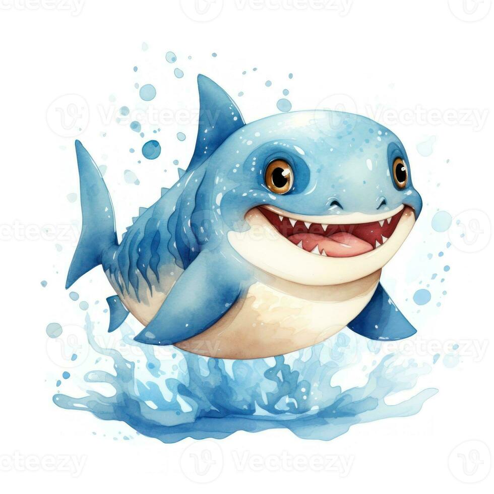 Adorable Watercolor Baby Shark Clipart on White Background AI Generated photo