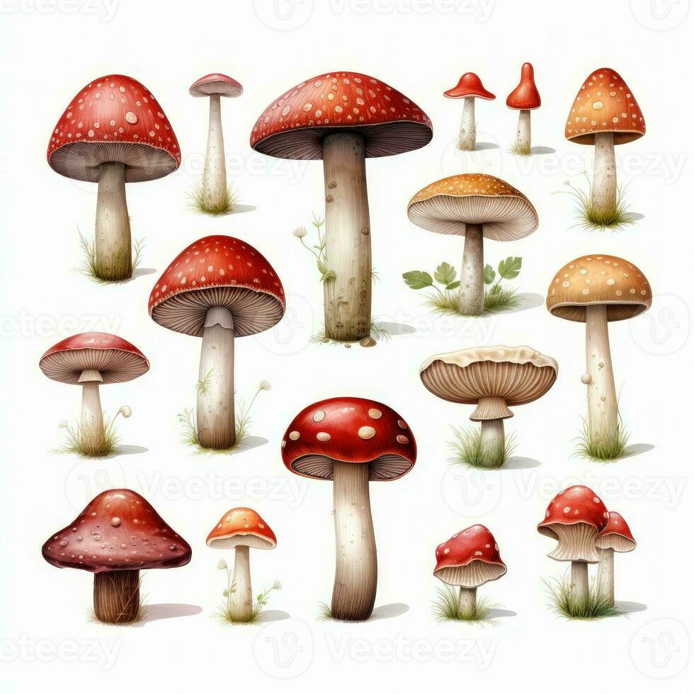 Colorful Watercolor Button Mushrooms Clipart on White Background AI Generated photo