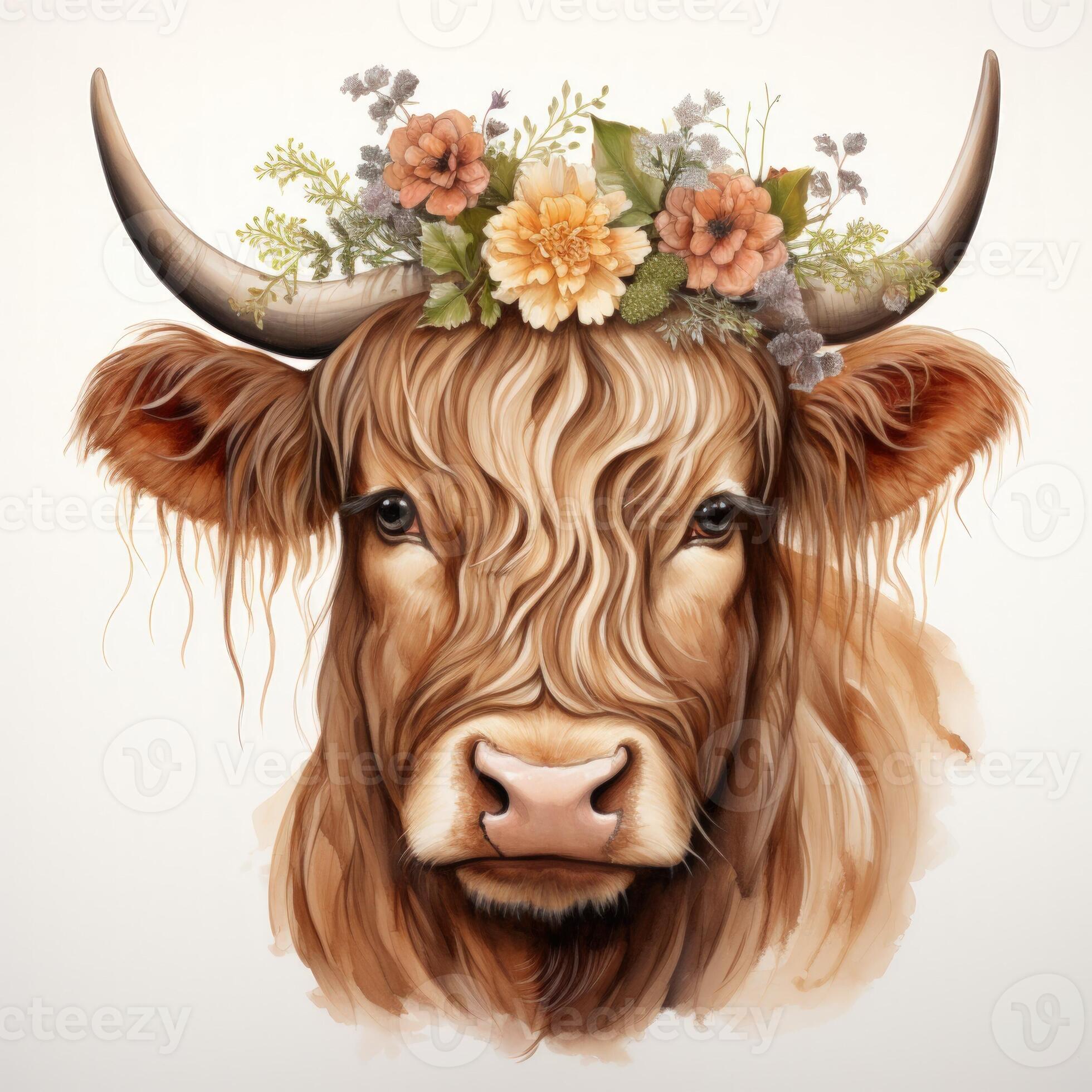 Whimsical Watercolor Highland Cow with Flower Crown Clipart on White