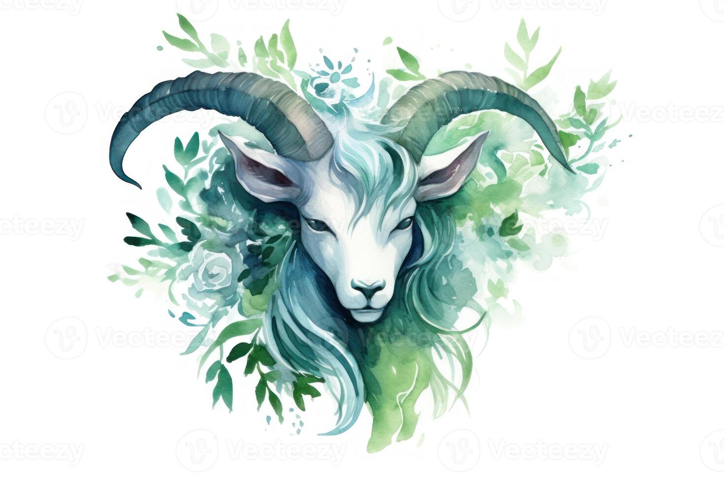 Botanical Style Watercolor Painting of Capricorn Zodiac Sign on Pure White Background AI Generated photo