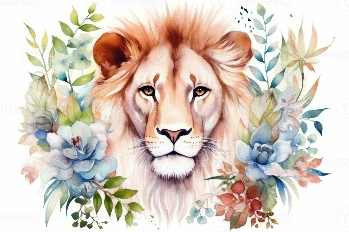 Watercolor Painting of Leo Zodiac Sign in Botanical Style on Pure White Background AI Generated photo