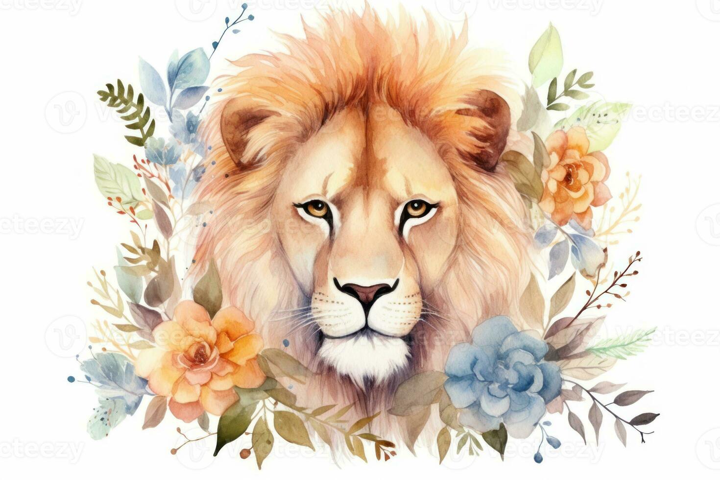 Watercolor Painting of Leo Zodiac Sign in Botanical Style on Pure White Background AI Generated photo