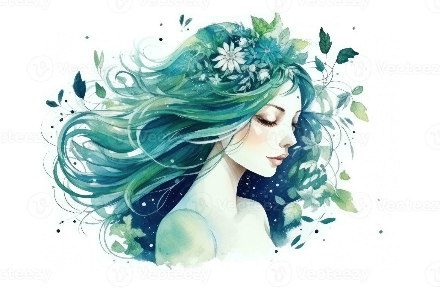 Watercolor Painting of Virgo Zodiac Sign in Botanical Style on Pure White Background AI Generated photo