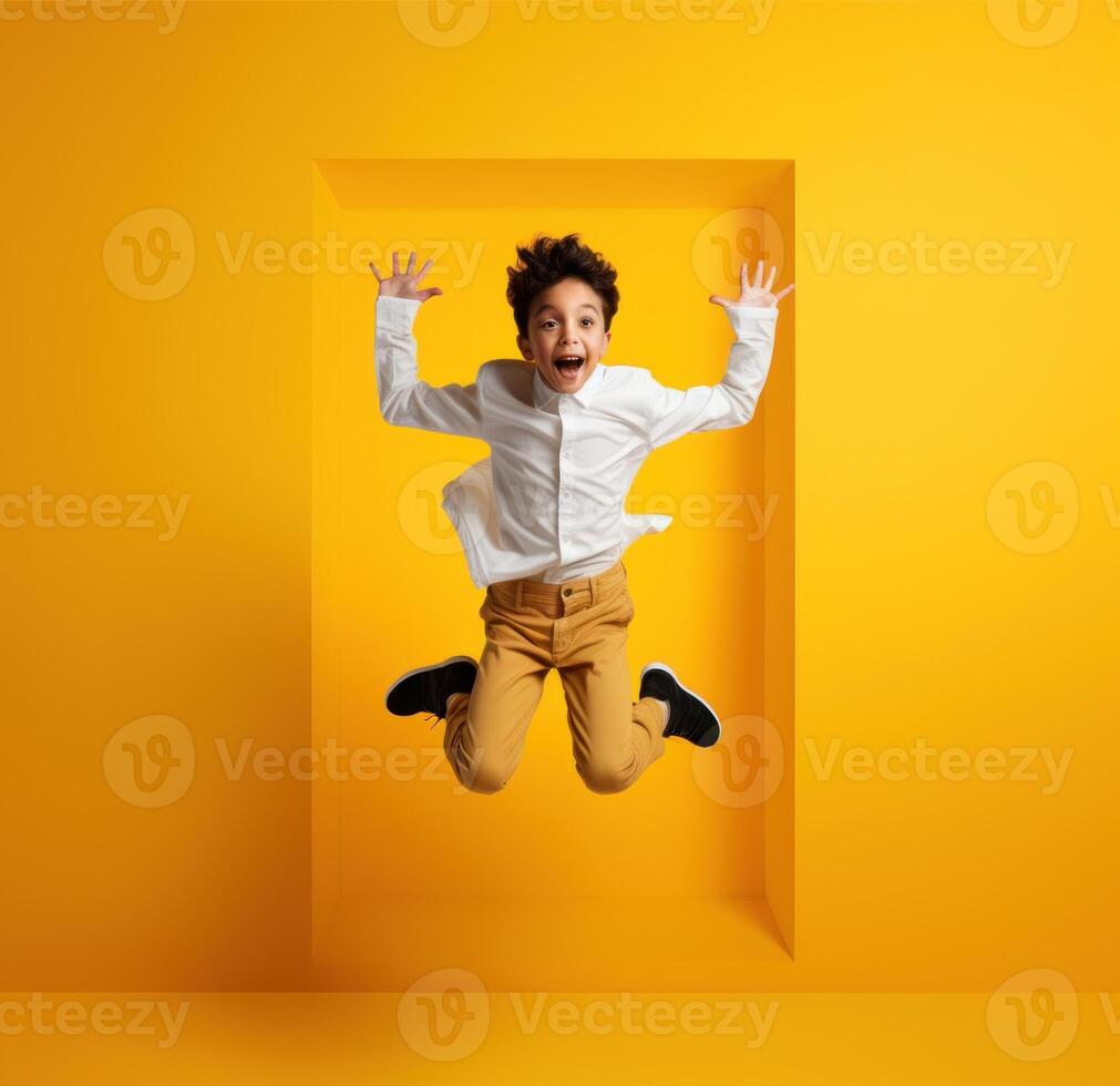 joven chico saltando en minimalista antecedentes ai generado foto