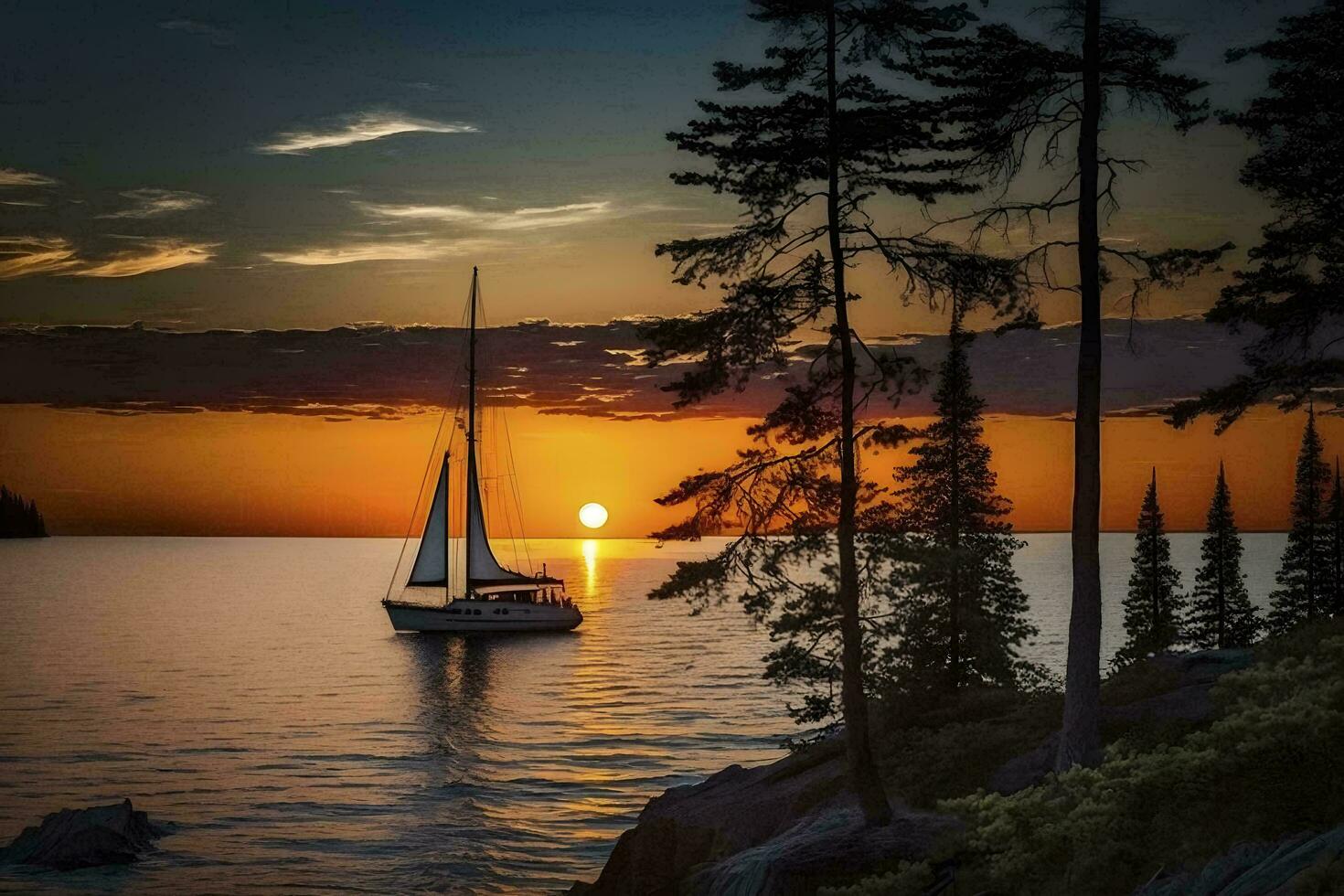 sereno puesta de sol en lago superior con un vela barco ai generado foto