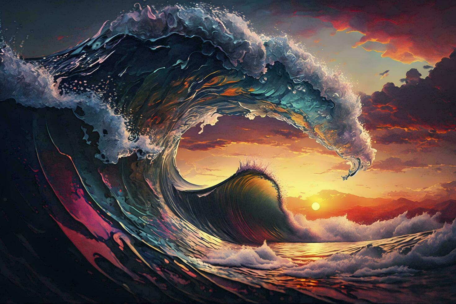 Colorful Ocean Wave at Sunset AI Generated photo