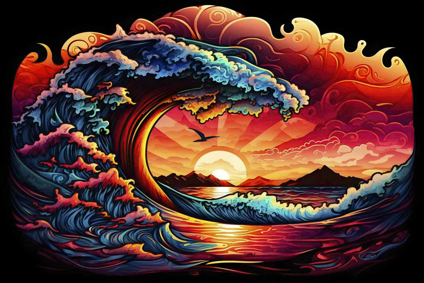 Vibrant Sunset Ocean Wave AI Generated photo