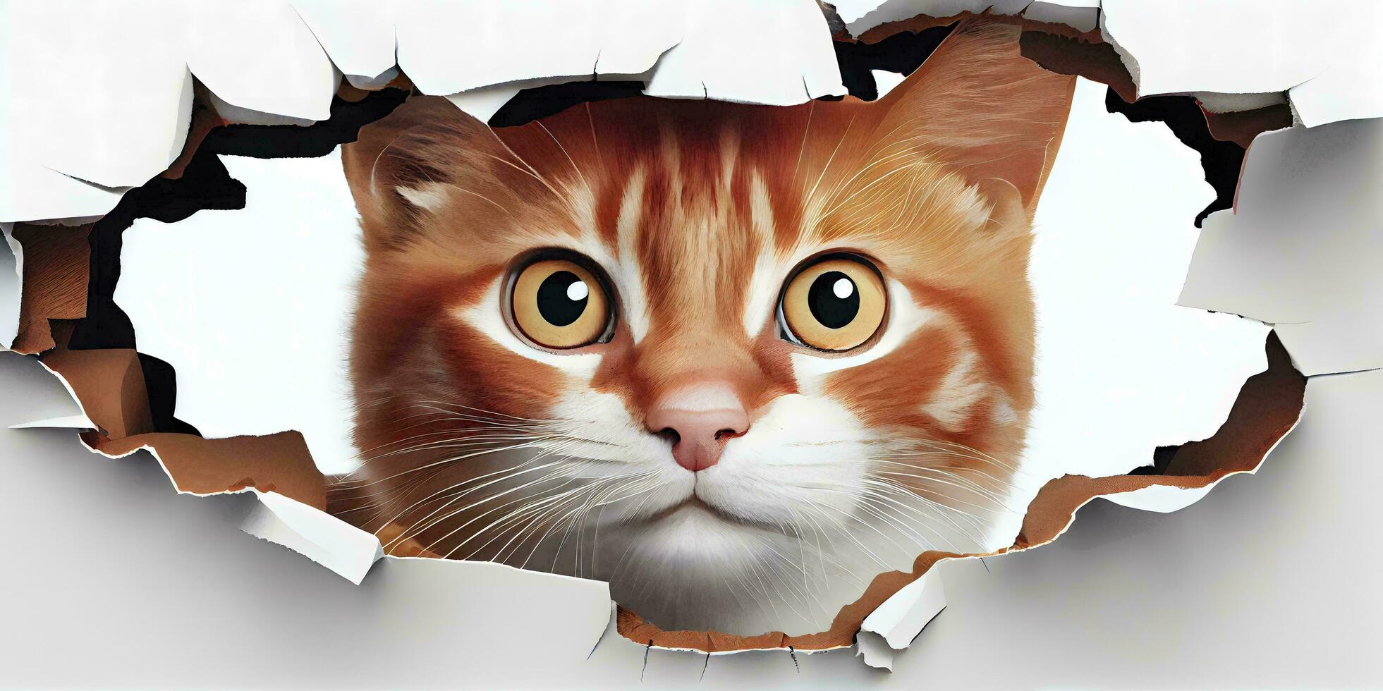 Playful Red Cat Peeking Through Torn White Paper AI Generated photo