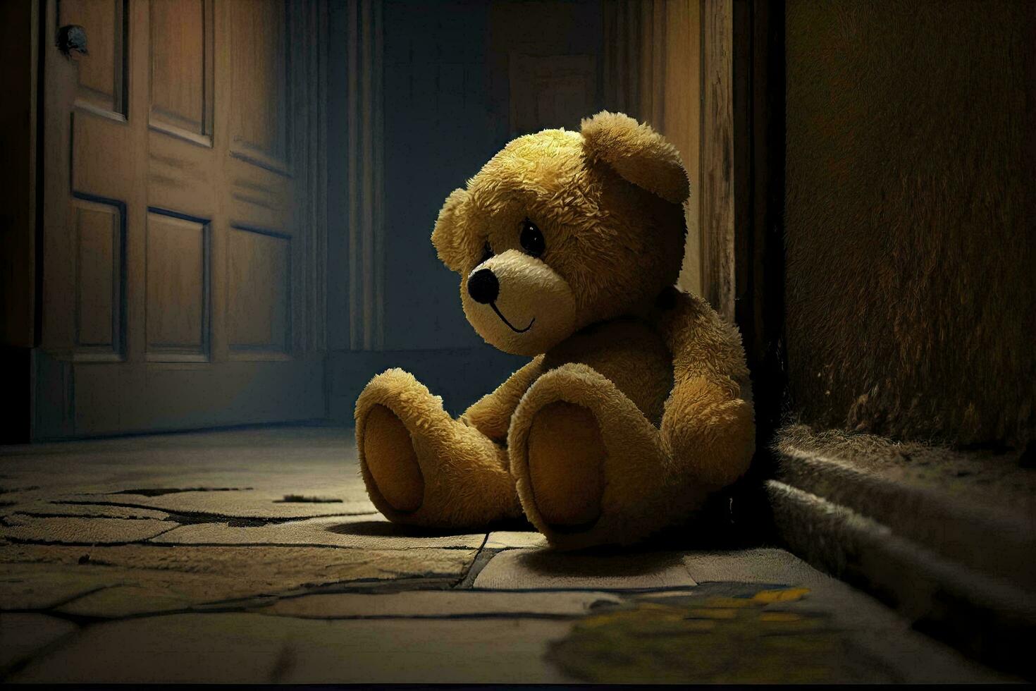 Depressed Teddy Bear Lying on the Floor A Symbol of Victimhood AI Generated photo