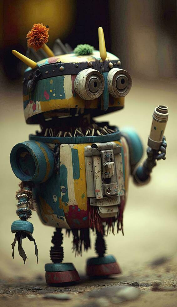 Colorful Robot Sculpture Made from Recycled Materials AI Generated photo