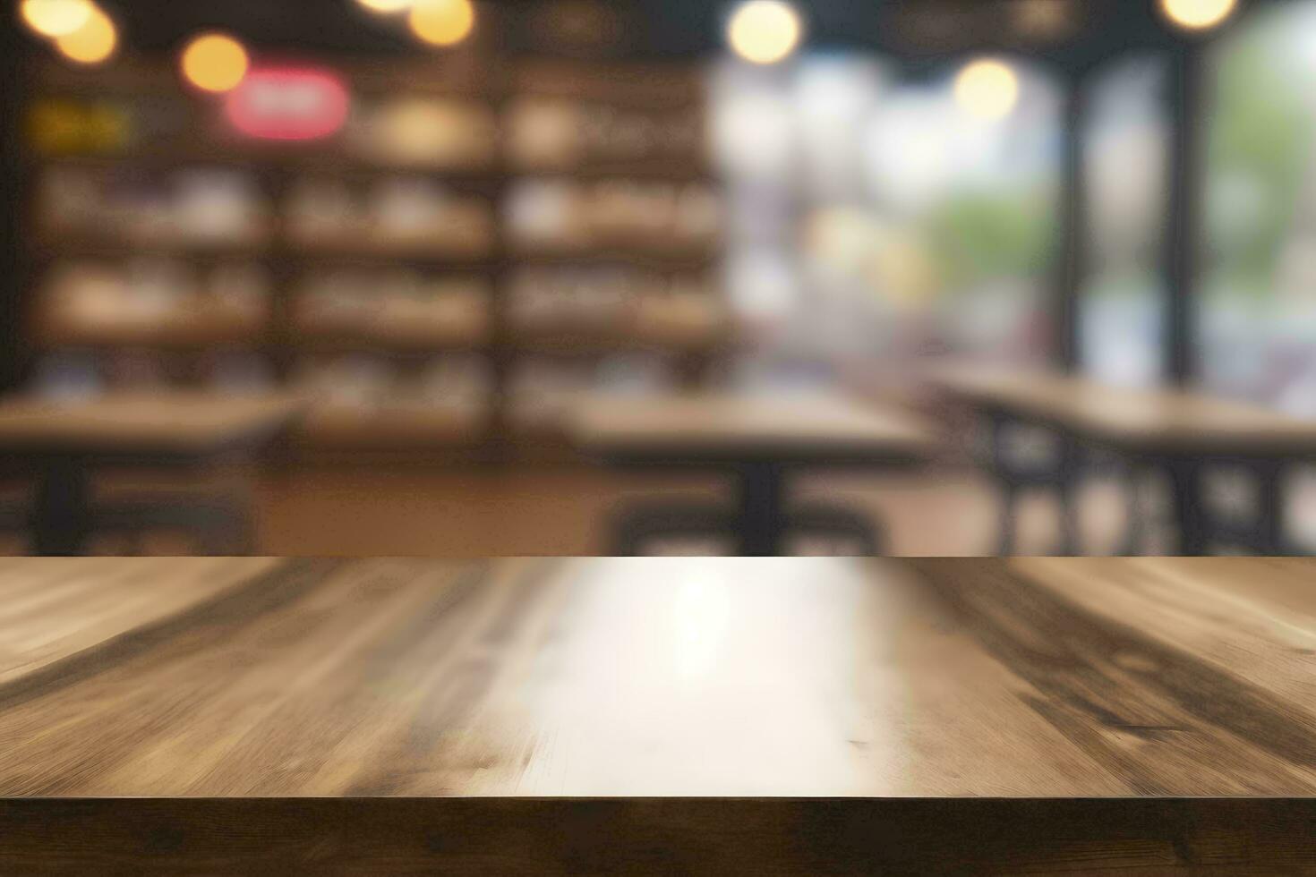 Cozy Cafe Ambience with Wooden Table AI Generated photo