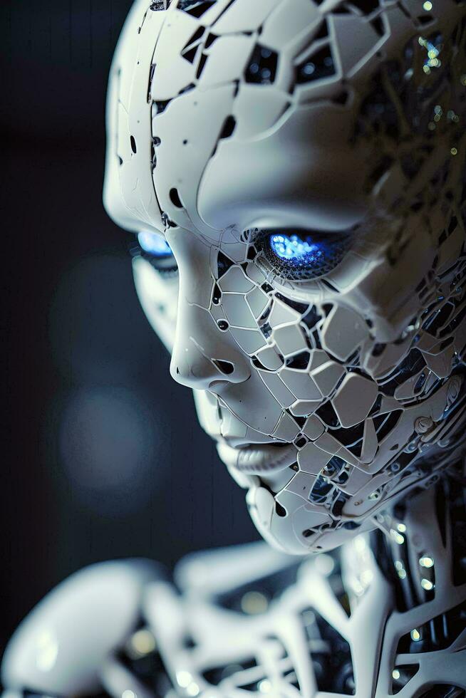 Closeup Portrait of an Incomplete Humanoid Android AI Generated photo