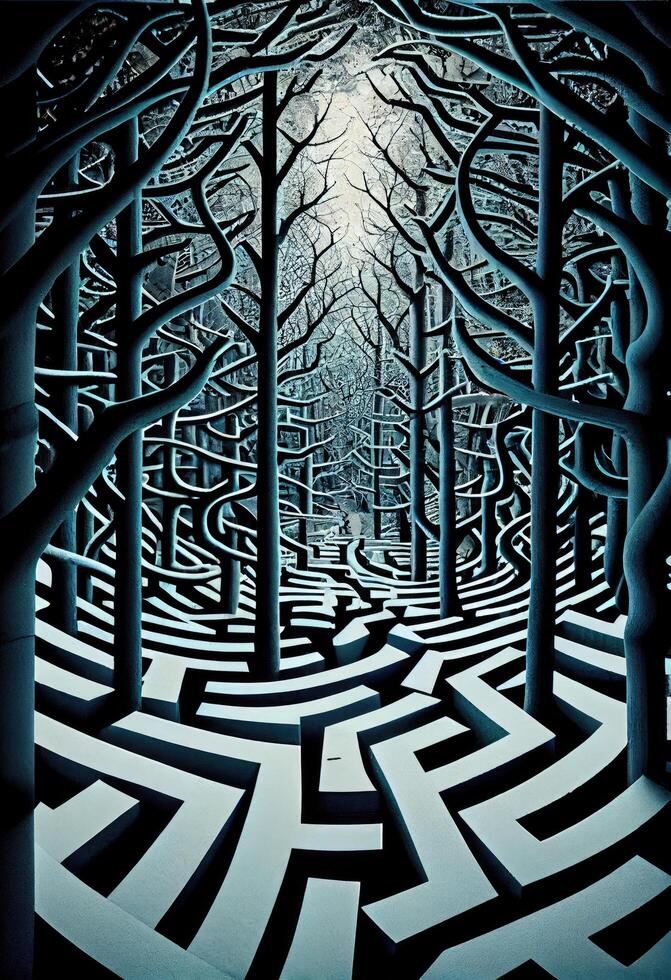 Enchanting Forest Maze with Hypnotic Impossible Geometry AI Generated photo