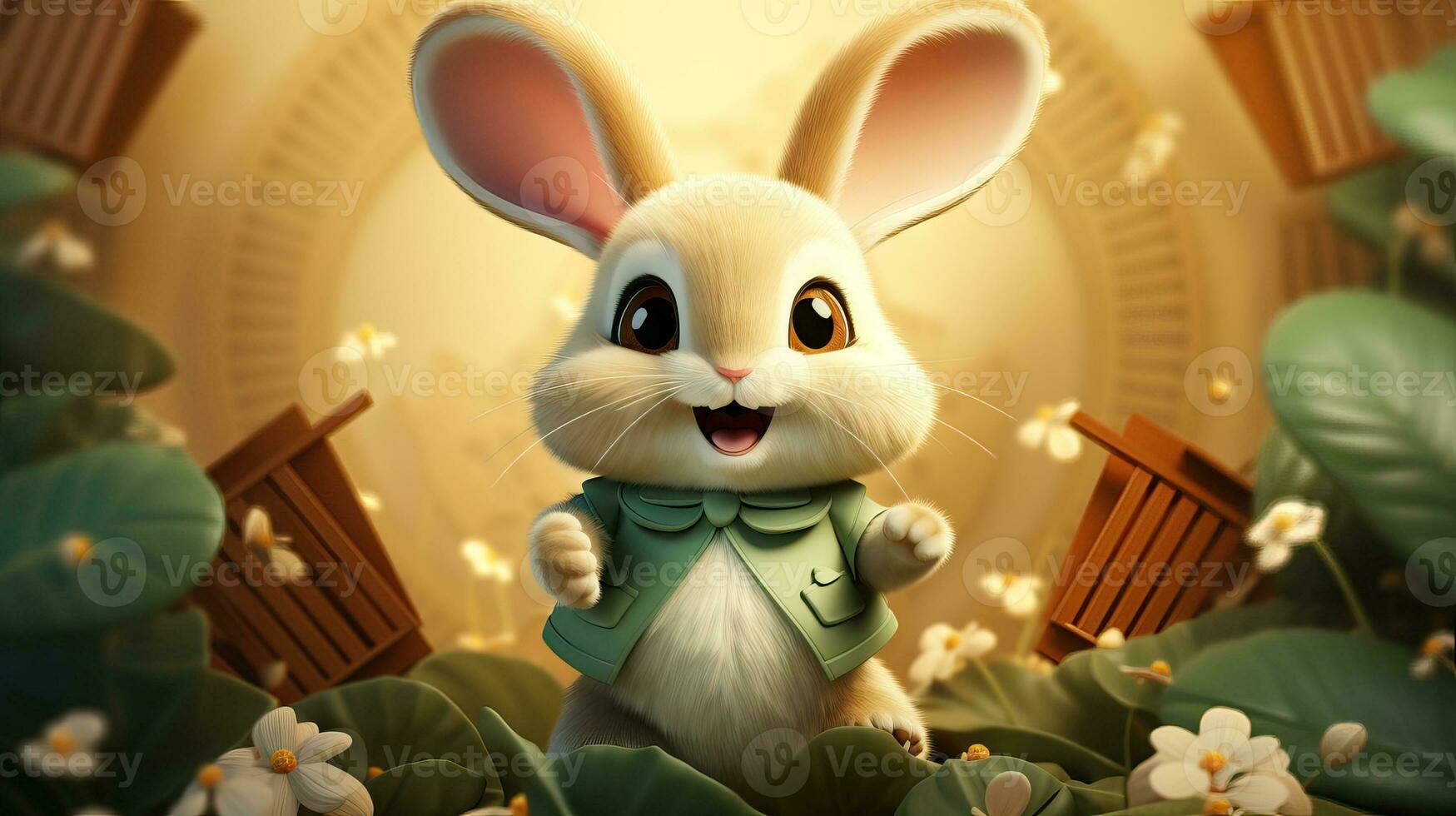 Playful 3D Illustrated Rabbit Hopping Over Hexagon Podium AI Generated photo
