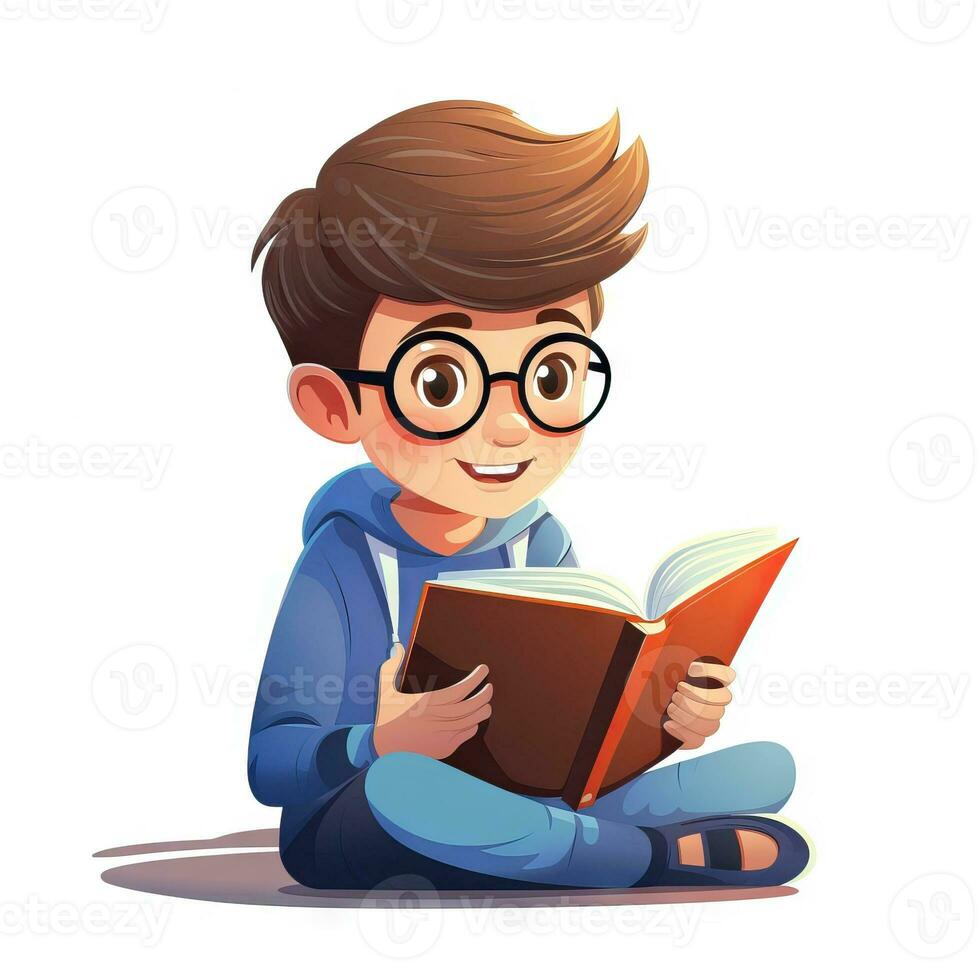 Child Reading Book in Flat Minimalistic Style AI Generated photo