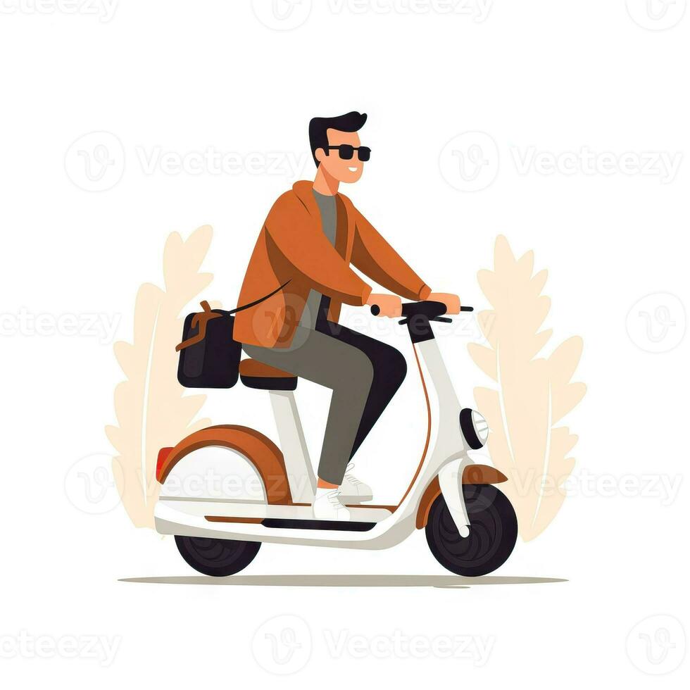 Man Riding Electric Scooter in Flat Minimalistic Style AI Generated photo