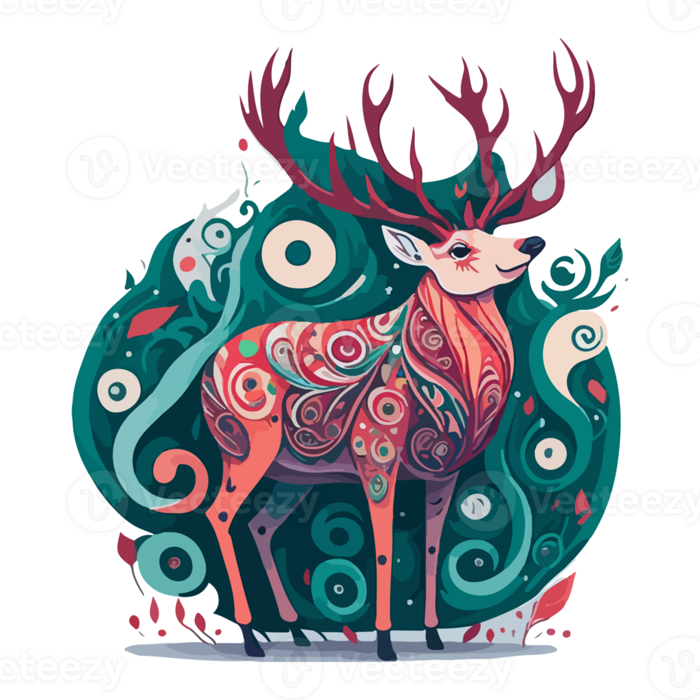 illustration of a a colorful cute reindeer fantasy swirls splas png