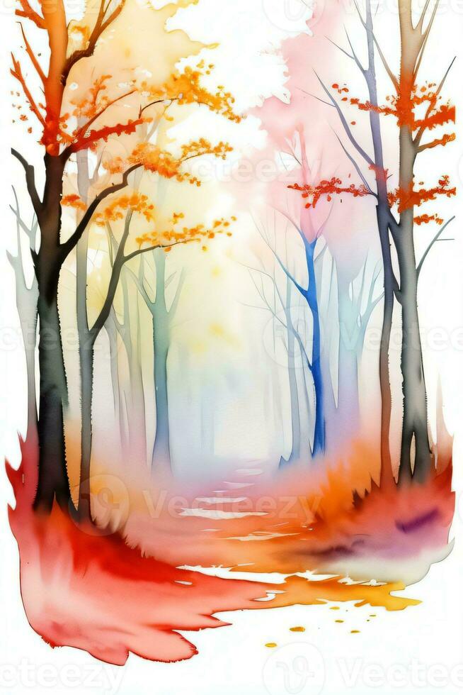 Watercolor Autumn Forest Illustration Background Wallpaper photo