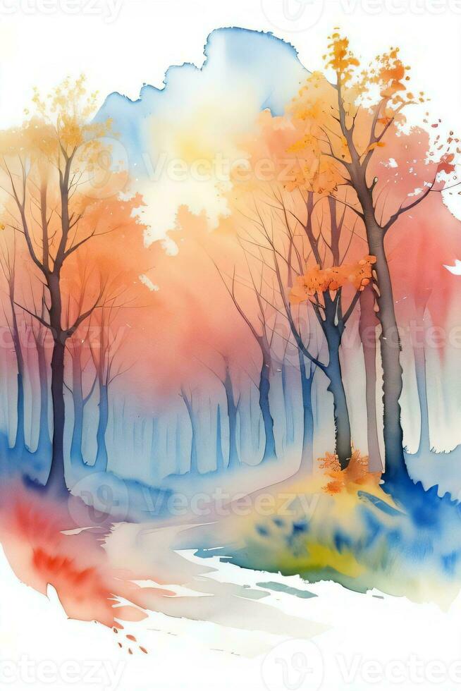 Watercolor Autumn Forest Illustration Background Wallpaper photo