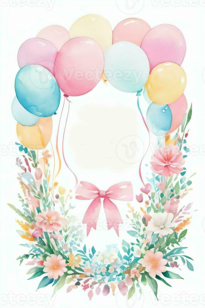 Watercolor Wedding or Birthday Greetings Card Background with Ballons and Flowers photo