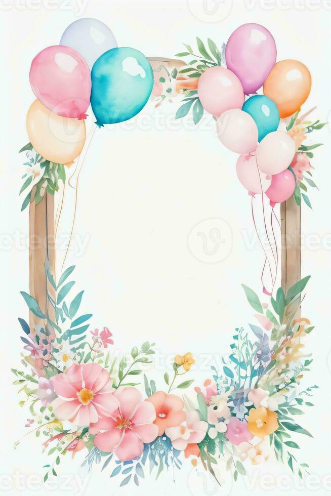 Watercolor Wedding or Birthday Greetings Card Background with Ballons and Flowers photo