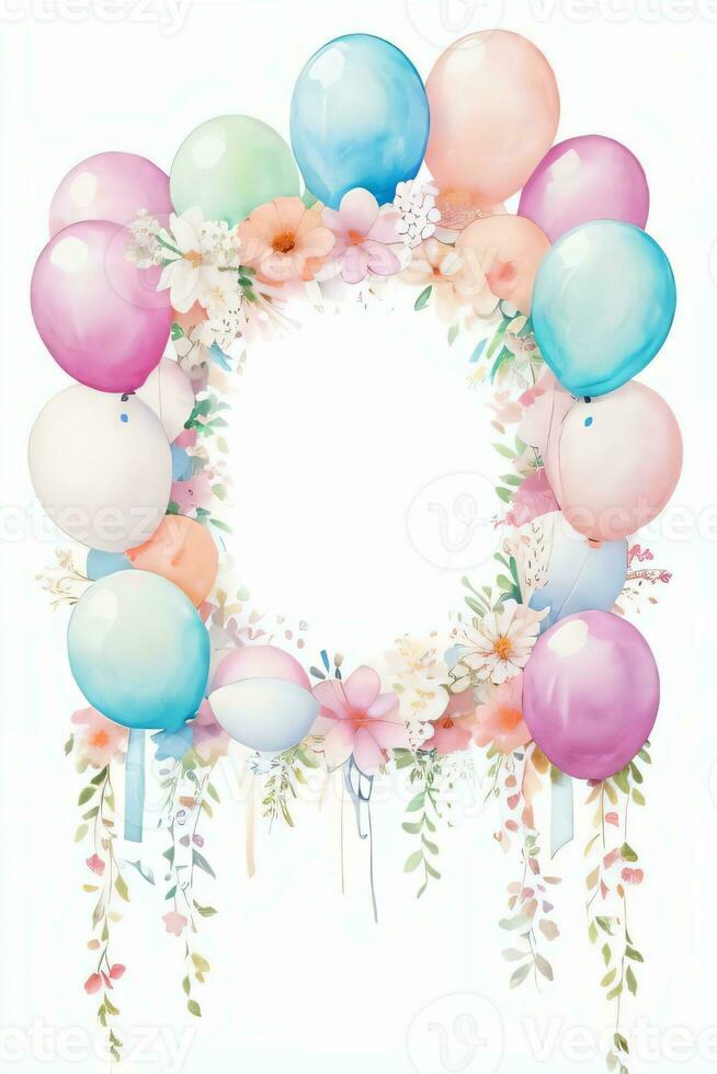 Watercolor Wedding or Birthday Greetings Card Background with Ballons and Flowers photo