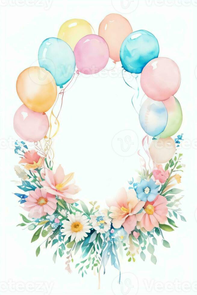 Watercolor Wedding or Birthday Greetings Card Background with Ballons and Flowers photo